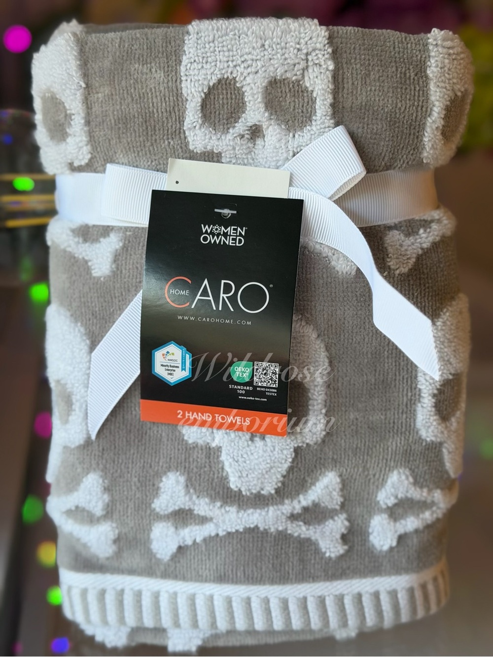2 CARO HOME Halloween Gray White Skull Crossbones Skeleton Hand Towels Cotton